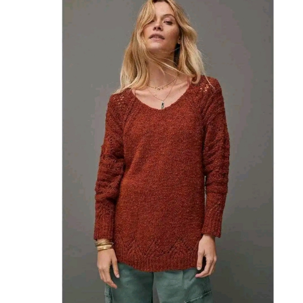 Anthropologie Pilcro Luna Pointelle Knit Tunic Sweater Cedar Brown
